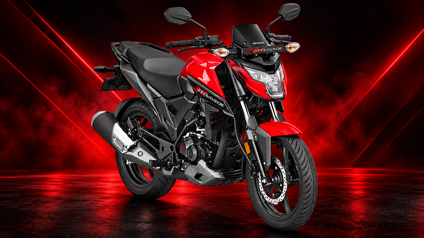 Motocicleta Honda XBlade sobre fondo rojo y negro